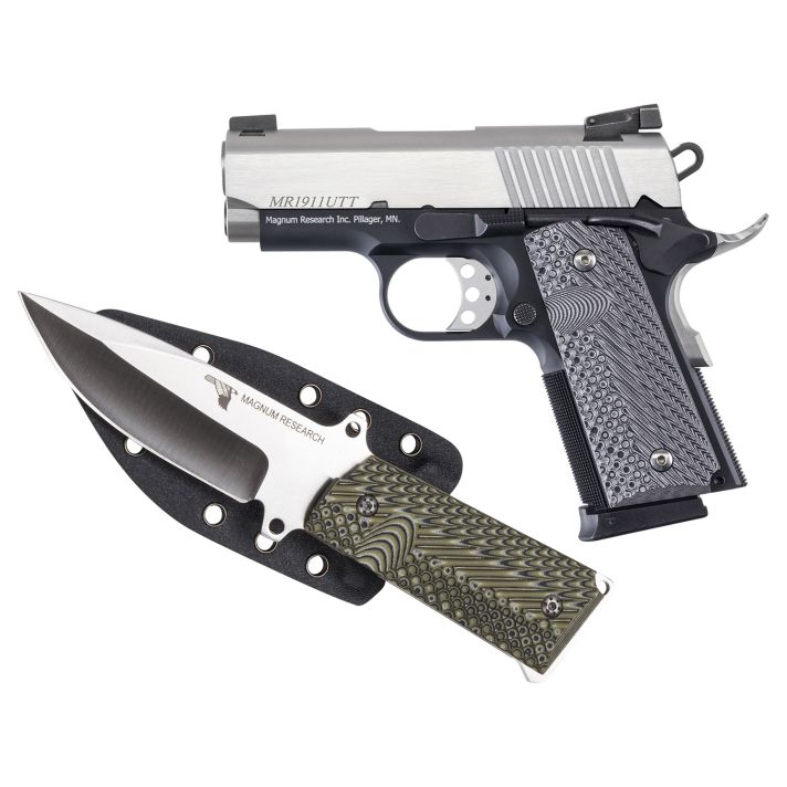 Kahr Arms DE1911UTTK Desert Eagle 1911 U w/1911 Knife 45 ACP 6+1 3" Stainless Serrated Slide, Two-Tone w/Black Finish Aluminum Frame w/Beavertail, Black/Gray G10 Grips
