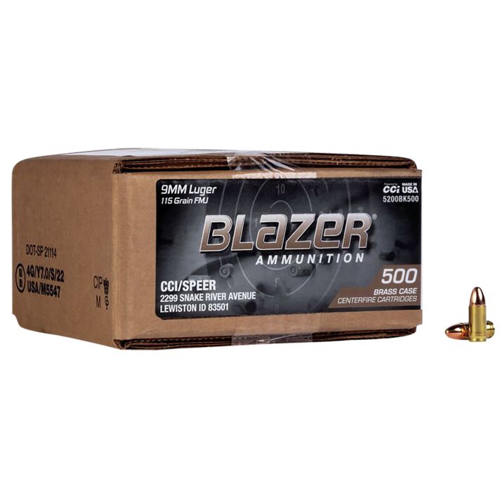 CCI 5200BK500 Blazer Brass Handgun 9mmLuger 115gr Full Metal Jacket 500 Per Box/1 Case *Loose