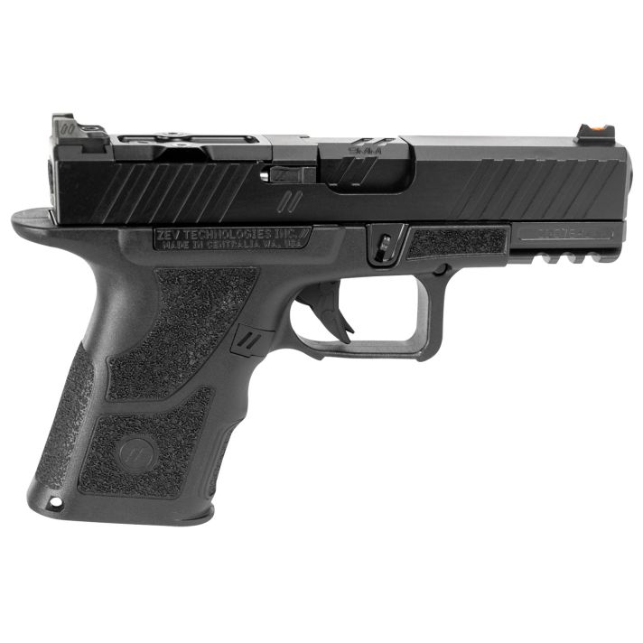 ZEV OZ9CDUTYSS OZ9 Duty Compact 9mm Luger 15+1 4", Black, Serrated Stainless Steel Slide with Optic Cut, Polymer Frame with Picatinny Rail, Fiber Optic Combat Sights
