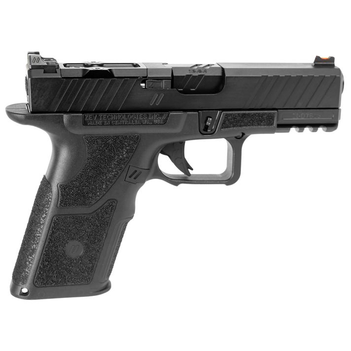 ZEV OZ9XDUTYSS OZ9 Duty Compact X 9mm Luger 17+1 4", Black, Serrated Stainless Steel Slide with Optic Cut, X-Grip Polymer Frame with Picatinny Rail, Fiber Optic Combat Sights