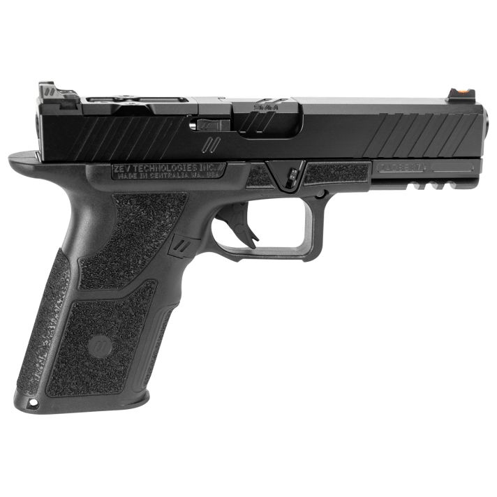 ZEV OZ9SDUTYSS OZ9 Duty Standard 9mm Luger 15+1 4.50", Black, Serrated Stainless Steel Slide with Optic Cut, Polymer Frame with Picatinny Rail, Fiber Optic Combat Sights