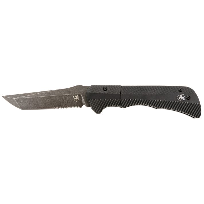 Templar Knife AAABK521 Auto Assist3.50" Folding Tanto Part Serrated Black Oxide Stonewashed Powder Coated D2 Steel Blade/ 4.25" Aged Aluminum Handle