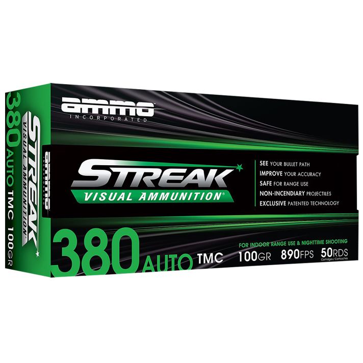 Ammo Inc 380100TMCSTRKGRN50 Streak Visual (GREEN)380ACP 100gr Total Metal Case 50 Per Box/20 Case