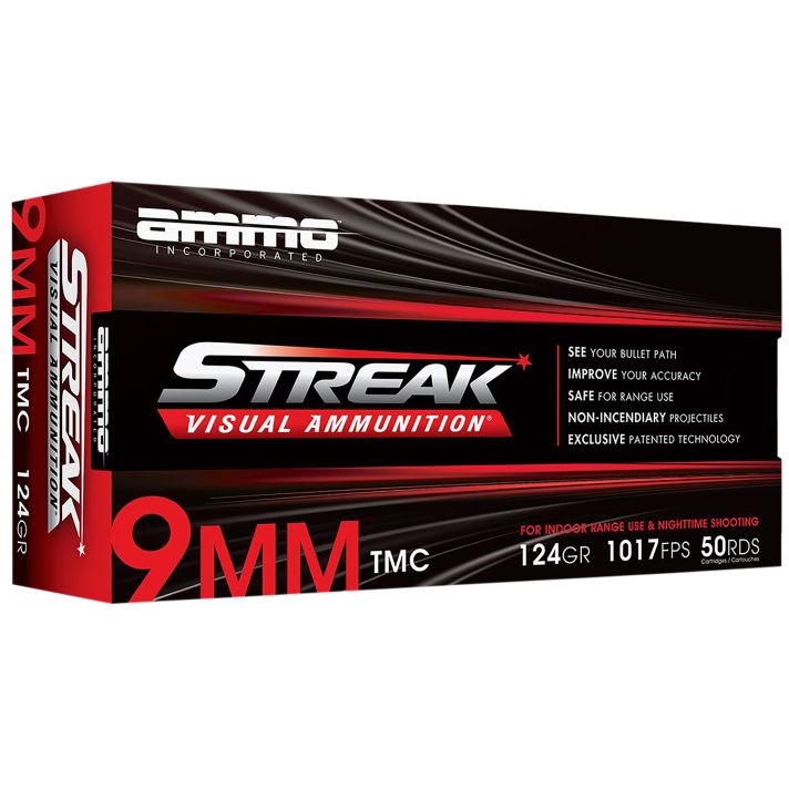 Ammo Inc 9124TMCSTRKRED50 Streak Visual (RED)9mm Luger 124gr Total Metal Case 50 Per Box/20 Case