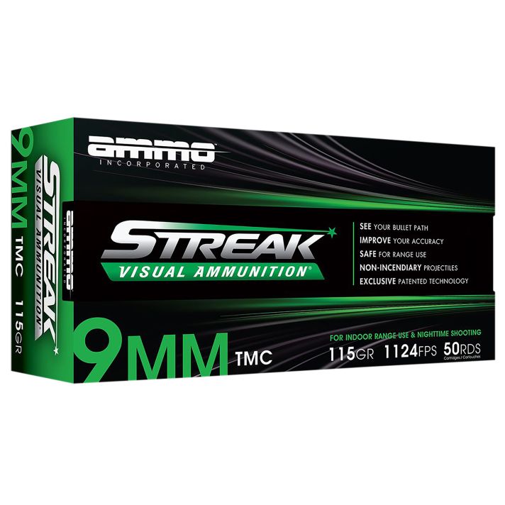 Ammo Inc 9115TMCSTRKGRN50 Streak Visual (GREEN)9mm Luger 115gr Total Metal Case 50 Per Box/20 Case