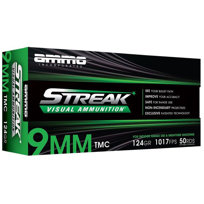 Ammo Inc 9124TMCSTRKGRN50 Streak Visual (GREEN)9mm Luger 124gr Total Metal Case 50 Per Box/20 Case