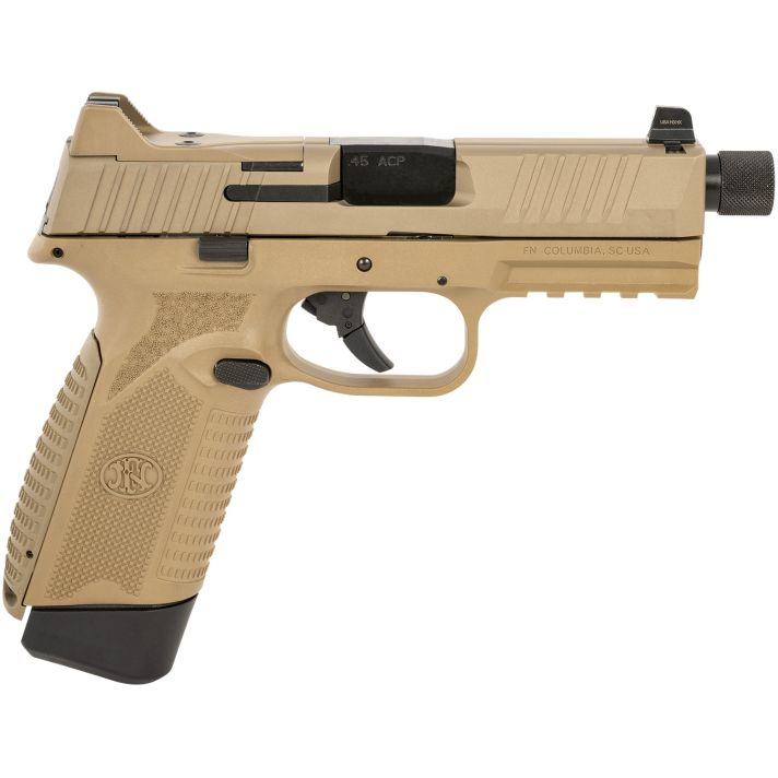 FN 66101384 545 Tactical 45 ACP 15+1/18+1, 4.71" Black Target Crown/Threaded Steel Barrel, Flat Dark Earth PVD Optic Cut/Serrated Steel Slide & Polymer Frame w/Picatinny Rail, Ambidextrous