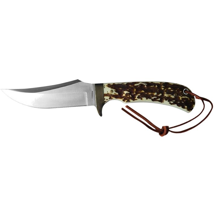 Uncle Henry old 1100035 Next Gen Staglon4.25" Skinner Plain Satin Stainless Steel Blade 4.25" Staglon Handle Features Brass Finger Guard Includes Sheath