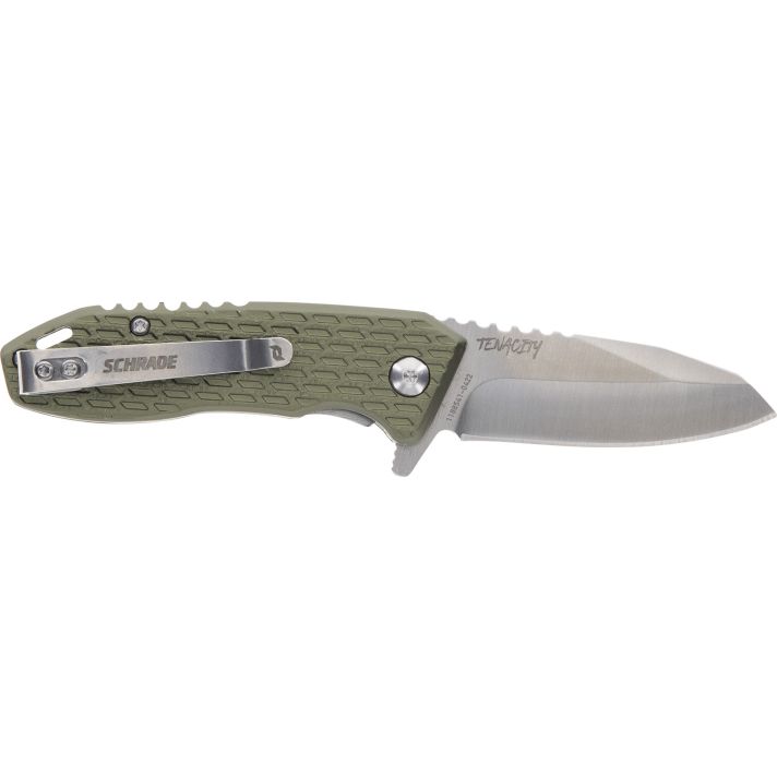 Schrade 1159317 TenacityFolding Modified Drop Point Part Serrated Satin AUS-10A SS Blade, Green Aluminum Handle
