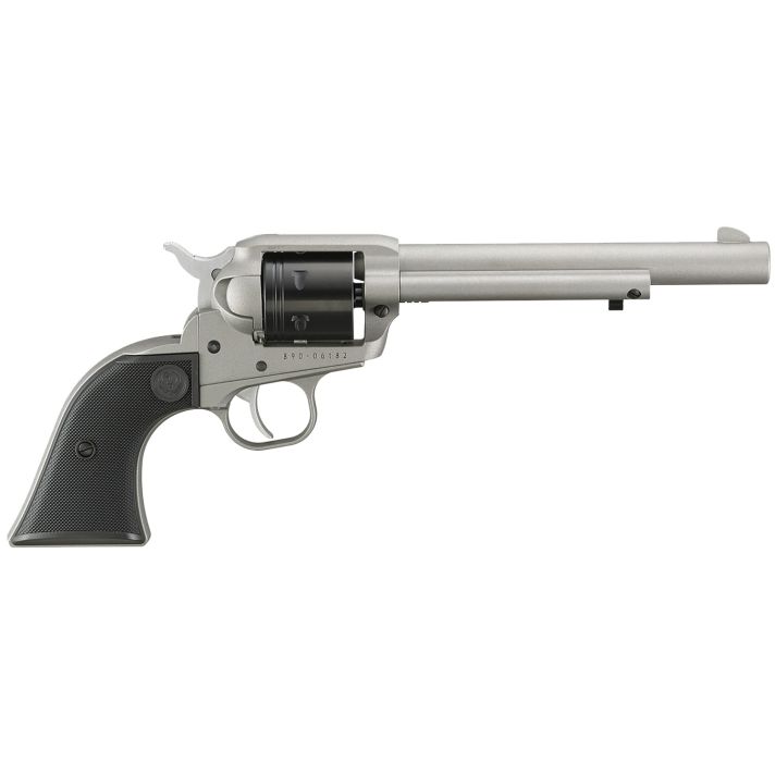 Ruger 2037 Wrangler22 LR 6 Shot 6.50" Silver Cerakote Steel Barrel, Silver Cerakote Aluminum Frame, Black Cerakote Cylinder, Black Checkered Polymer Grip, Transfer Bar Safety, Exposed Hammer