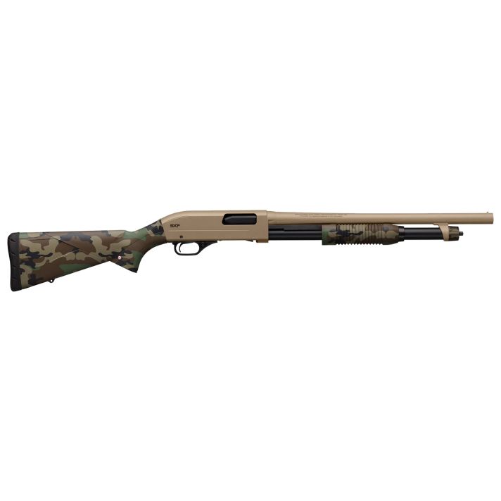 Winchester Repeating ArmsSXP Defender 20 Gauge 3" 5+1 (2.75") 18" Barrel, FDE Drilled & Tapped Rec, Woodland Camo Textured Stock, TacticalRibbed Forearm, Inflex Recoil Pad