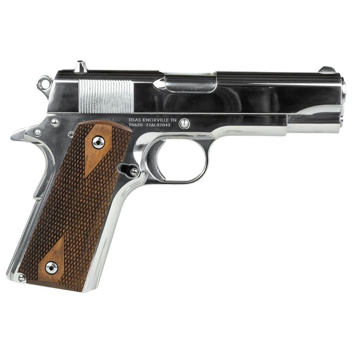 SDS Imports 10100112 1911A1 Desperado 38 Super/9mm Luger 9+1 4.25" Hard Chrome Plated Barrel, High Polished Chomium Coated Serrated Steel Slide & Frame w/Beavertail, Checkered Wood Grips