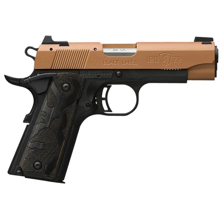 Browning 051896490 1911-22 Black Label Compact Frame 22 LR 10+1, 3.63" Matte Stainless Steel Barrel, Copper Cerakote Serrated Slide, Matte Black Polymer Frame w/Beavertail, Black Laminate Wood Grip