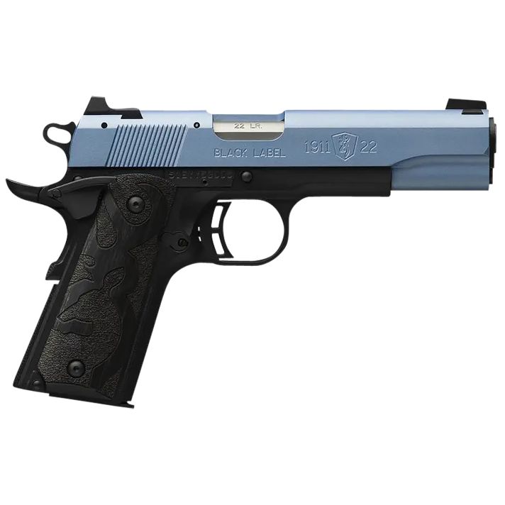 Browning 051897490 1911 Black Label Full Size Frame 22 LR 10+1, 4.25" Matte Stainless Steel Barrel, Polar Blue Cerakote Serrated Slide, Matte Black Polymer Frame w/Beavertail, Black Laminate Wood Grip