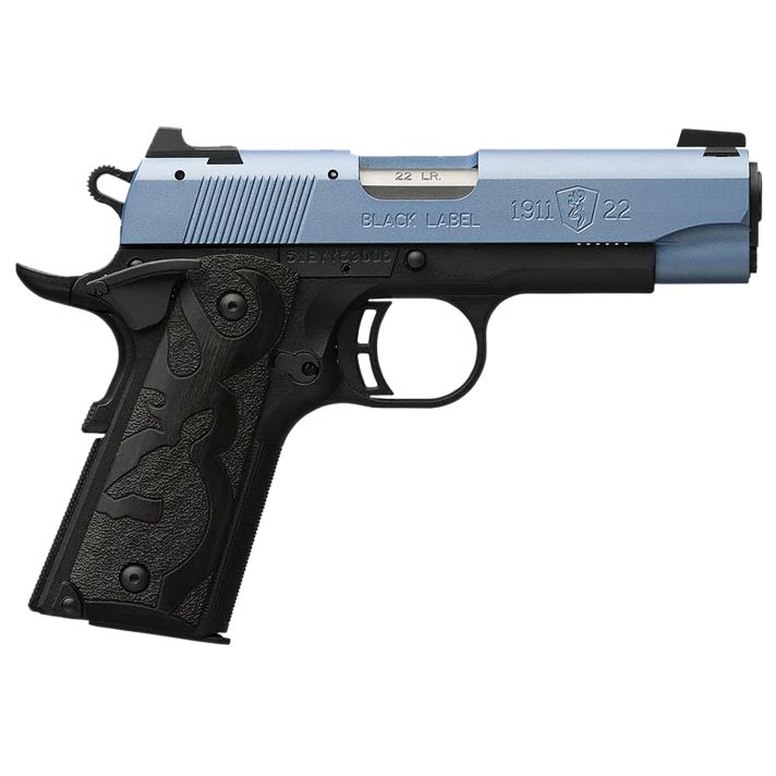 Browning 051898490 1911 Black Label Compact Frame 22 LR 10+1, 3.63" Matte Stainless Steel Barrel, Polar Blue Cerakote Serrated Slide, Matte Black Polymer Frame w/Beavertail, Black Laminate Wood Grip
