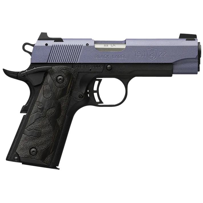 Browning 051894490 1911 Black Label Compact Frame 22 LR 10+1, 3.63" Matte Stainless Steel Barrel, Crushed Orchid Cerakote Serrated Slide, Matte Black Polymer Frame w/Beavertail
