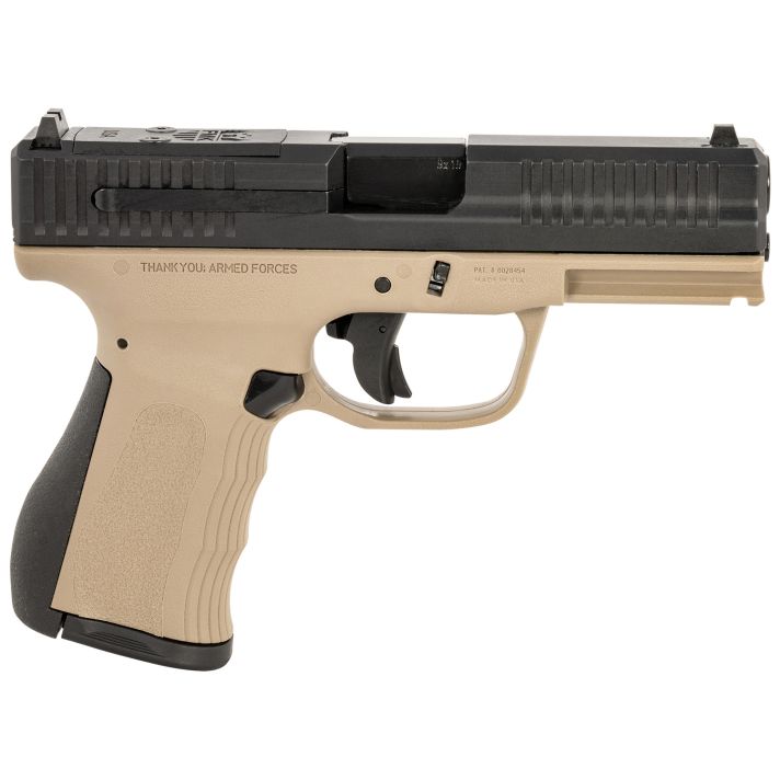 FMK FMKG49DE G39mm Luger 14+1 4" Stainless Steel Barrel, Black Optic Cut/Serrated Carbon Steel Slide Flat Dark Earth Polymer Frame w/Picatinny Rail, Black Backstrap Grip