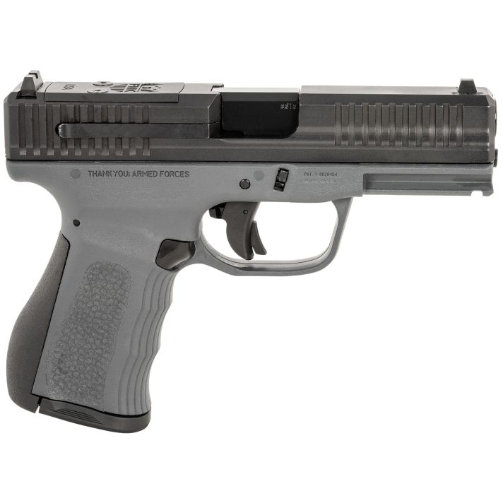 FMK FMKG49DG G39mm Luger 14+1 4" Stainless Steel Barrel, Black Optic Cut/Serrated Carbon Steel Slide, Dark Gray Polymer Frame w/Picatinny Rail, Black Backstrap Grip