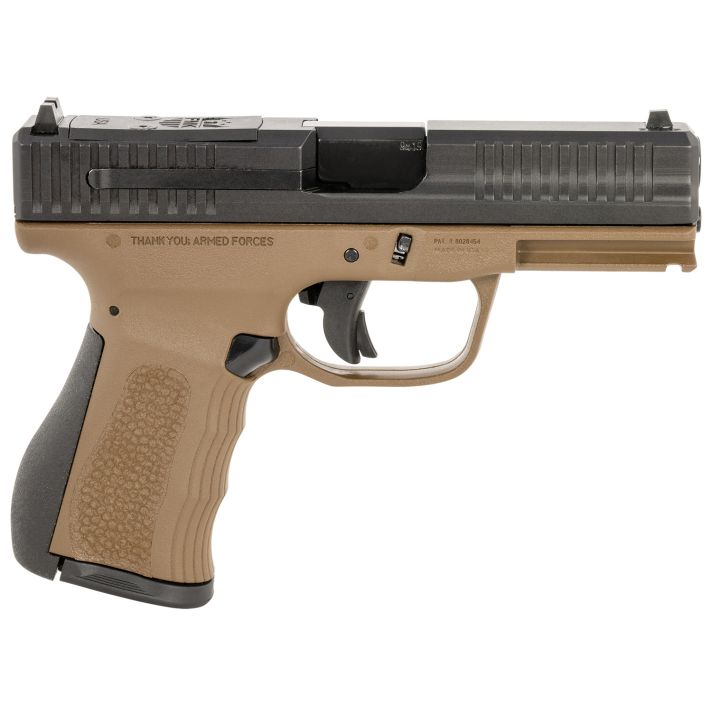 FMK FMKG49BB G39mm Luger 14+1 4" Stainless Steel Barrel, Black Optic Cut/Serrated Carbon Steel Slide, Burnt Bronze Polymer Frame w/Picatinny Rail, Black Backstrap Grip