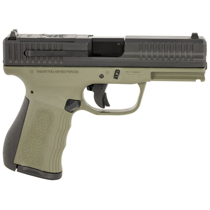 FMK FMKG49OD G39mm Luger 14+1 4" Stainless Steel Barrel, Black Optic Cut/Serrated Carbon Steel Slide, OD Green Polymer Frame w/Picatinny Rail, Black Backstrap Grip