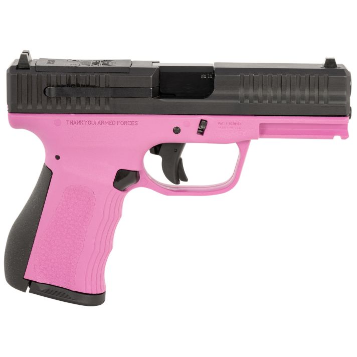 FMK FMKG49PK G39mm Luger 14+1 4" Stainless Steel Barrel, Black Optic Cut/Serrated Carbon Steel Slide, Pink Polymer Frame w/Picatinny Rail, Black Backstrap Grip