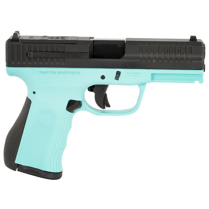 FMK FMKG49BJ G39mm Luger 14+1 4" Stainless Steel Barrel, Black Optic Cut/Serrated Carbon Steel Slide, Blue Jay Polymer Frame w/Picatinny Rail, Black Backstrap Grip