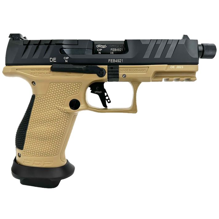 Walther Arms 2877520 PDP Compact Pro SD 9mm Luger 15+1 4.60" Threaded Barrel, Black Optic Cut/Serrated Slide, FDE Polymer Frame with Pic. Rail, Performance Duty Textured Polymer Grip, Flared Magwell