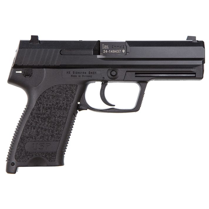 HK 81000307 USP V1 SA/DA 9mm Luger Caliber with 4.25" Barrel, 15+1 Capacity, Overall Black Finish, Serrated Trigger Guard Frame, Serrated Steel Slide & Polymer Grip Includes 2 Mags