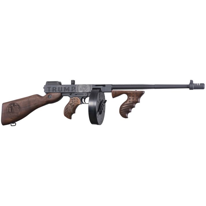 Thompson T1-14-50DC2 1927A-1 Deluxe 45 ACP 16.50" 20+1 (Stick), 50+1 (Drum), Trump Save America Engraved, Sniper Gray/Black Finish, American Walnut Furniture, Compensator
