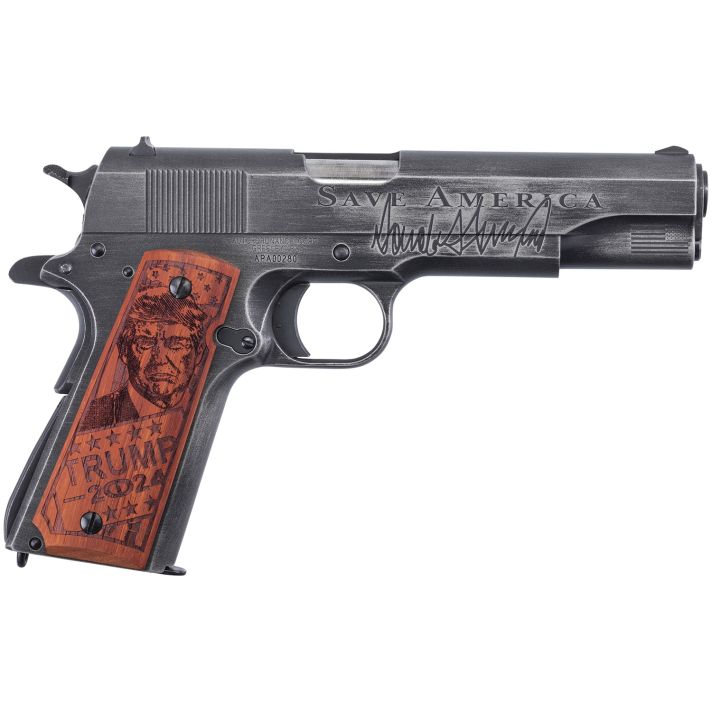 Auto-Ordnance 1911BKOC12 1911 Trump Save America 45 ACP5" Barrel 7+1, Distressed Armor Black Cerakote, Carbon Steel Beavertail Frame, Serrated Engraved Slide, Custom Engraved Goncalo Wood Grip