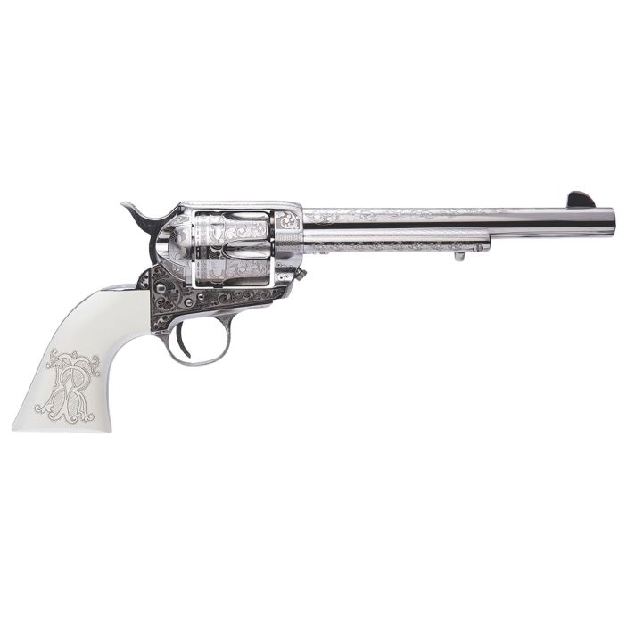 Cimarron PP415LNTRII Teddy Roosevelt Frontier 45 Colt (LC) 6 Shot 7.50" Nickel-Plated Engraved Barrel, Cylinder & Frame, White w/Laser Engraved "T.R." Grip