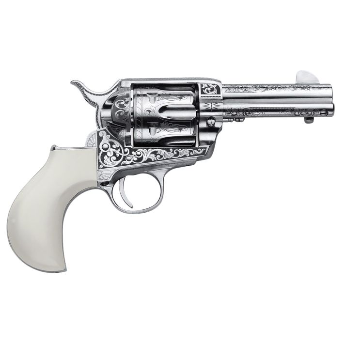Cimarron PP346HUCKENG Huckleberry45 Colt (LC) 6 Shot, 3.50" Nickel Engraved Barrel, Cylinder & Frame, Poly-Ivory w/"Huckleberry" Engraved On The Backstrap Grip