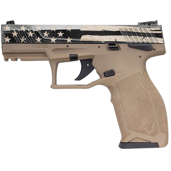 Taurus 1TX2214110USD TX22Full Size Frame 22 LR 10+1 4.10" Black Steel Threaded Barrel, Black Distressed US Flag Cerakote Serrated Slide, FDE w/Black Controls Polymer Frame w/Picatinny Rail