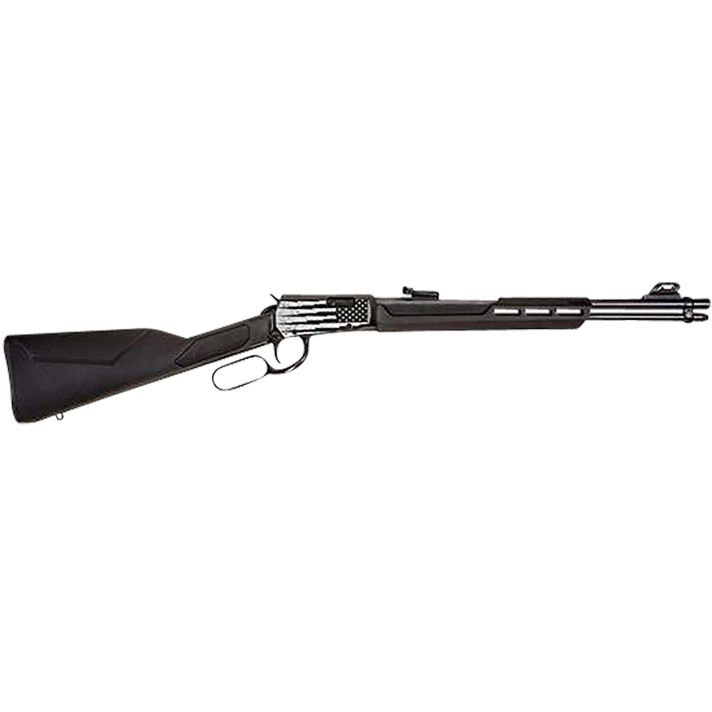 Rossi RL22181SYEN18 Rio BravoFull Size 22 LR 15+1, 18" Polished Black Steel Barrel, Polished Black w/Lighting US Flag Engraving Steel Receiver, Black Stock, Right Hand