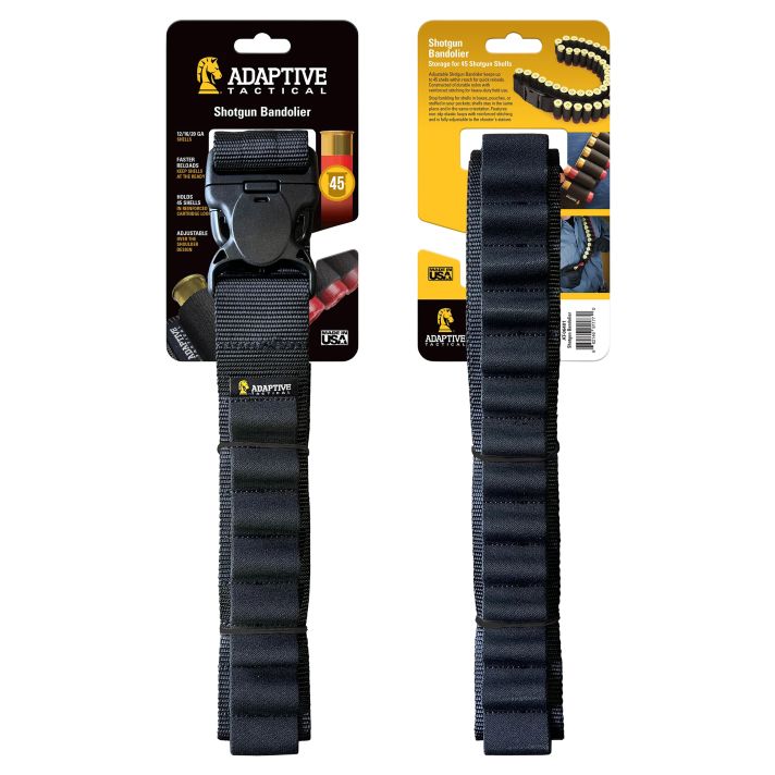 ADAPTIVE TACTICAL AT06401 Shotgun Bandolier45rd Black Nylon Reinforced, Non-Slip Elastic Loops Fully Adj. Fit