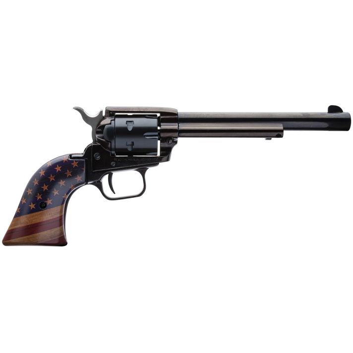 Heritage Mfg RR22B6GOLDUSA Rough Rider22 LR 6 Shot, 6.50" Black Oxide Steel Barrel, Black Oxide Zinc Alloy Frame, Black Oxide Cylinder, Gold USA Flag Grip, Exposed Hammer