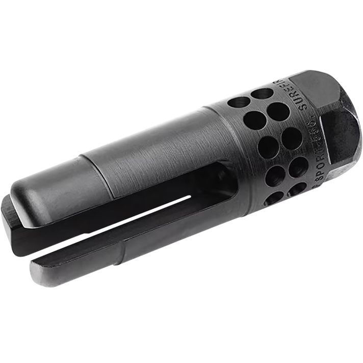 SureFire WARCOMPSPORT7625824 Warcomp Sport Flash Hider 30 Cal (7.62mm NATO) 5/8"-24 tpi, Open Tine 3-Prong, Ported Black Stainless Steel for AR/M4 Platform