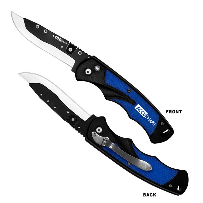 AccuSharp 743C Replaceable Blade Razor3.50" Folding Plain Stainless Steel Blade/Royal Blue Ergonomic Anti-Slip Anodized Aluminum Handle/Includes 2 Replacement Blades/Belt Clip
