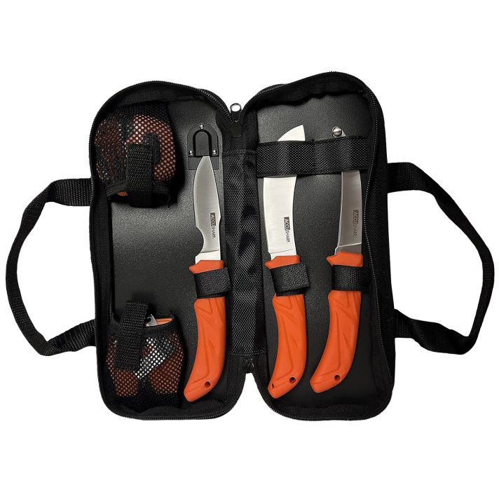 AccuSharp 738C Processing KitFixed Butcher/Caping/Gutting Plain Stainless Steel Blades/Blaze Orange Non-Slip Grip 6 Piece Includes Nylon Case