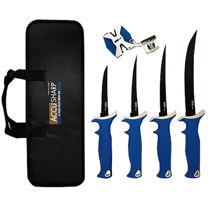 AccuSharp 737C Knife Kit4.75/5.50/6.50/8" Fixed Fillet Plain Satin Stainless Steel Blade/ Blue Non-Slip Grip TPR Handle Includes 2-Step Sharpener