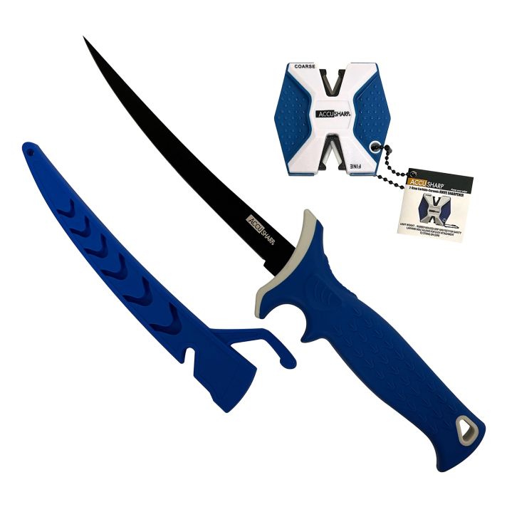 AccuSharp 736C Fillet w/Sharpener6.50" Fixed Fillet Plain Satin Titanium Coated Stainless Steel Blade/Royal Blue Ergonomic Anti-Slip Rubber Handle Includes 2-Step Sharpener