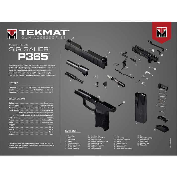 TekMat TEKR20SIGP365Ultra 20 Cleaning Mat Multi-Color Rubber 15"x20" Sig P365 Parts Diagram