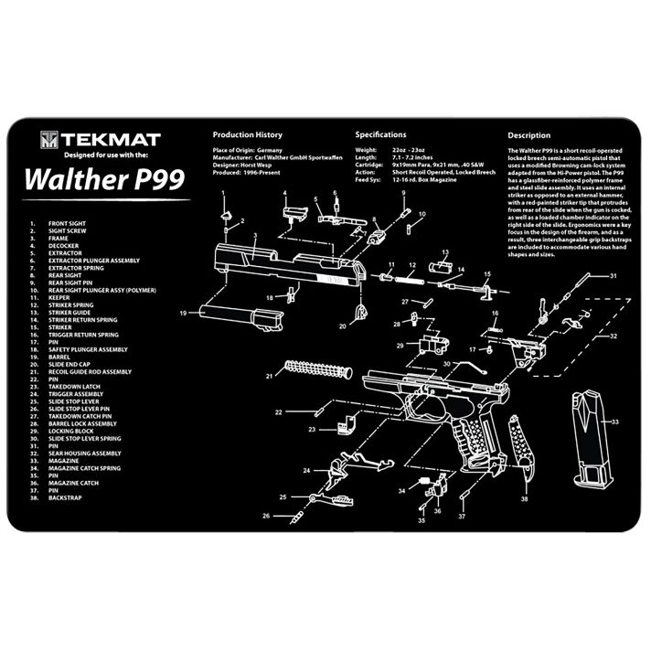 TekMat TEKR17WALP99 Walther P99 Cleaning Mat Black/White Rubber 11"x17" Walther P99 Parts Diagram