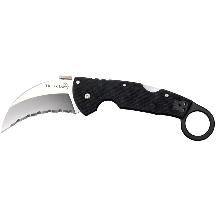 Cold Steel CS22KFS Tiger Claw3.50" Folding Hawkbill Serrated Stonewashed American S35VN Blade/6" Matte Black w/Ring G10 Handle Includes Belt Clip