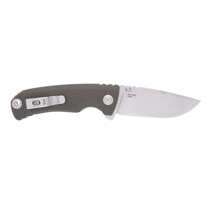 S.O.G SOG11060143 Tellus ATK3.50" Folding Clip Point Plain Stonewashed Cryo 440C SS Blade/ Olive Drab w/Orange Backspacer GRN Handle Includes Belt Clip
