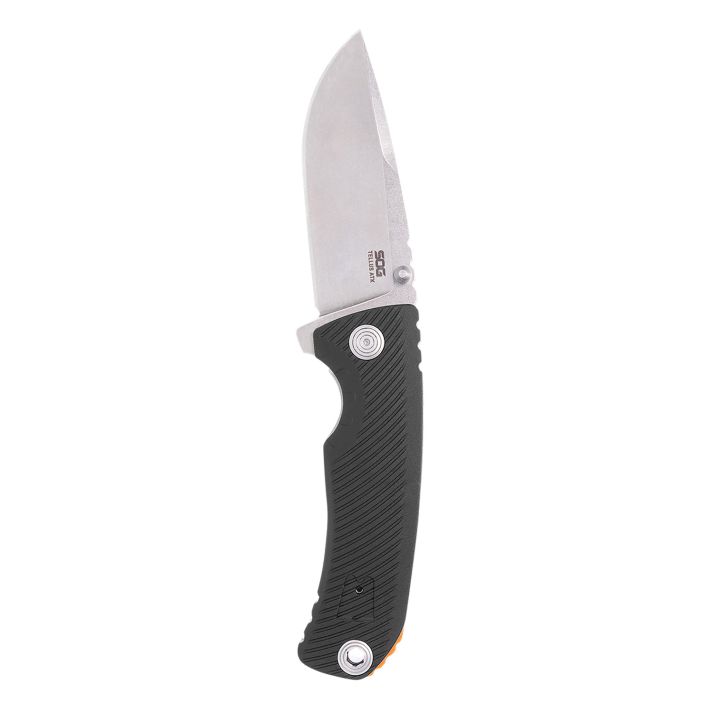S.O.G SOG11060243 Tellus ATK 3.50" Folding Clip Point Plain Stonewashed Cryo 440C SS Blade/ Black Textured w/Orange Backspacer GRN Handle Includes Belt Clip
