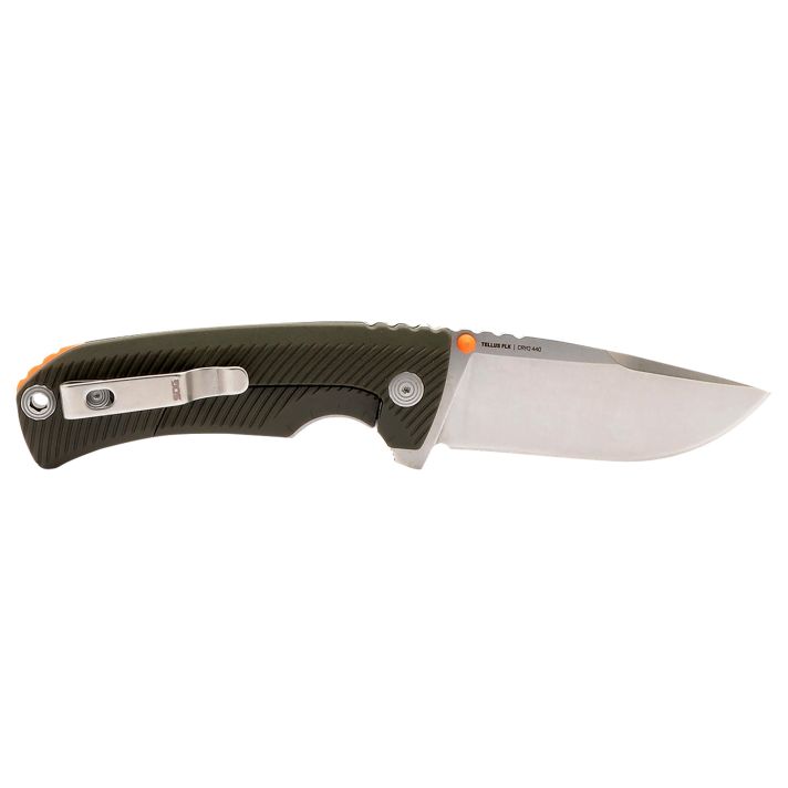 S.O.G SOG14060143 Tellus FLK3.65" Folding Clip Point Plain Stonewashed Cryo 440C SS Blade/ Olive Drab Textured GRN Handle