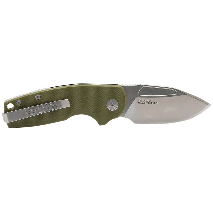 S.O.G SOG16030157 Stout SJ 2.60" Folding Clip Point Plain Stonewashed Cryo D2 Steel Blade/ Olive Drab Textured G10 Handle Includes Belt Clip