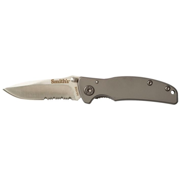 Smiths Products 51007 Titania I 2.20" Folding Drop Point Part Serrated Satin Titanium Coated Stainless Steel Blade/ Stainless Steel Handle Includes Pocket Clip