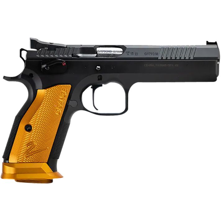 CZ-USA 91266 TS 29mm Luger 20+1 5.28" Stainless Bull Barrel, Black Serrated Steel Slide, Black Polycoat Steel Frame w/Beavertail, Orange Checkered Aluminum Grip